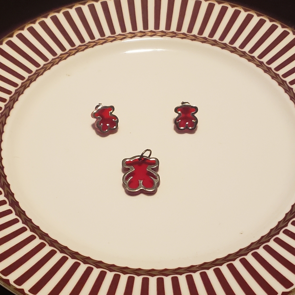 Red teddy bear Earrings and Pendant